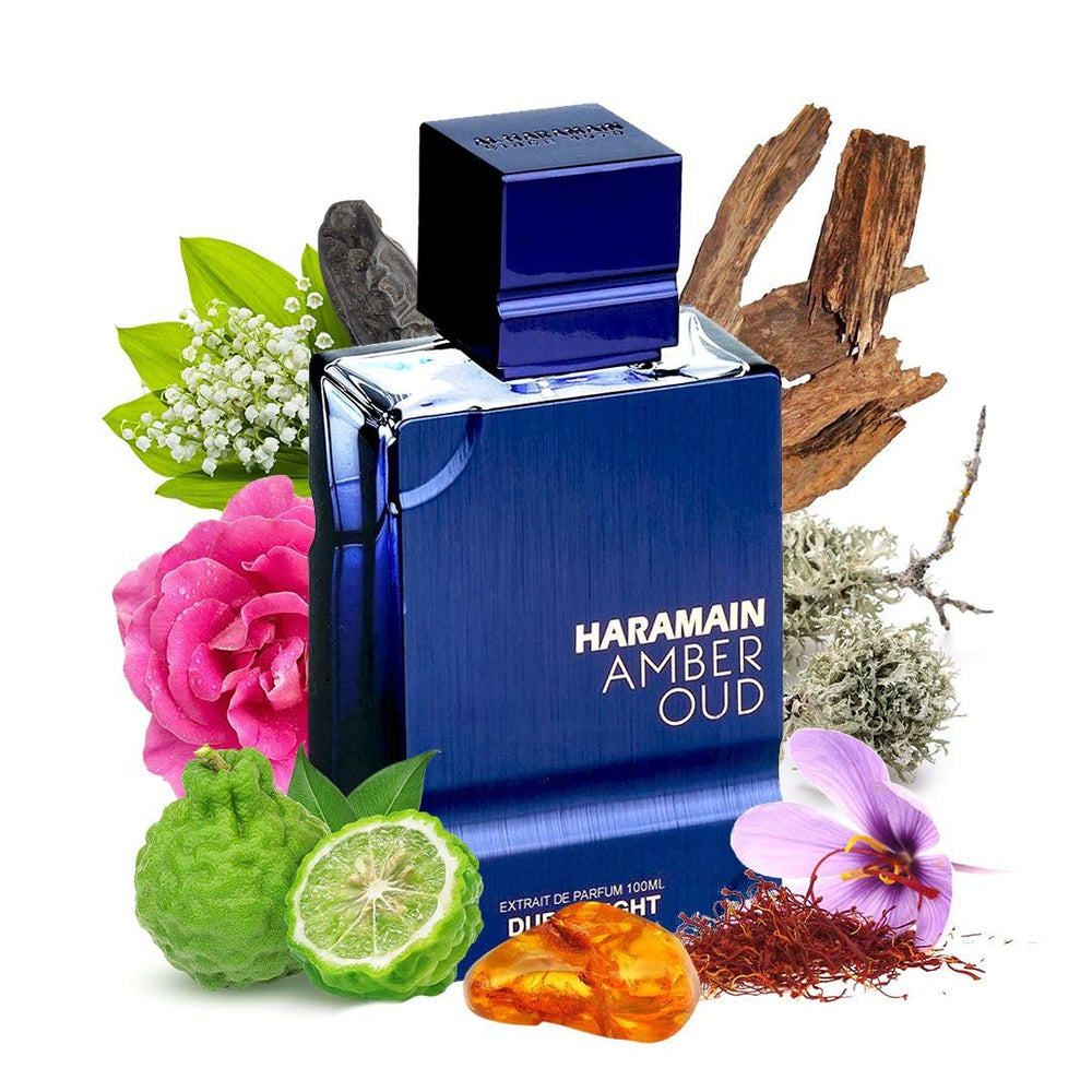 Al Haramain Amber Oud Dubai Night top-notes image highlights bergamot and saffron brightness.