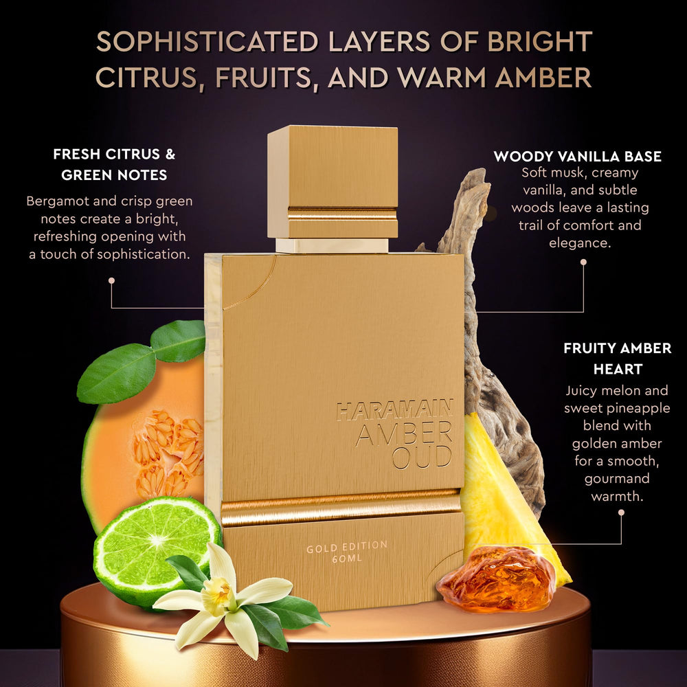 Al Haramain Amber Oud Gold Edition atomizer demonstrates travel-friendly portability for on-the-go refresh.