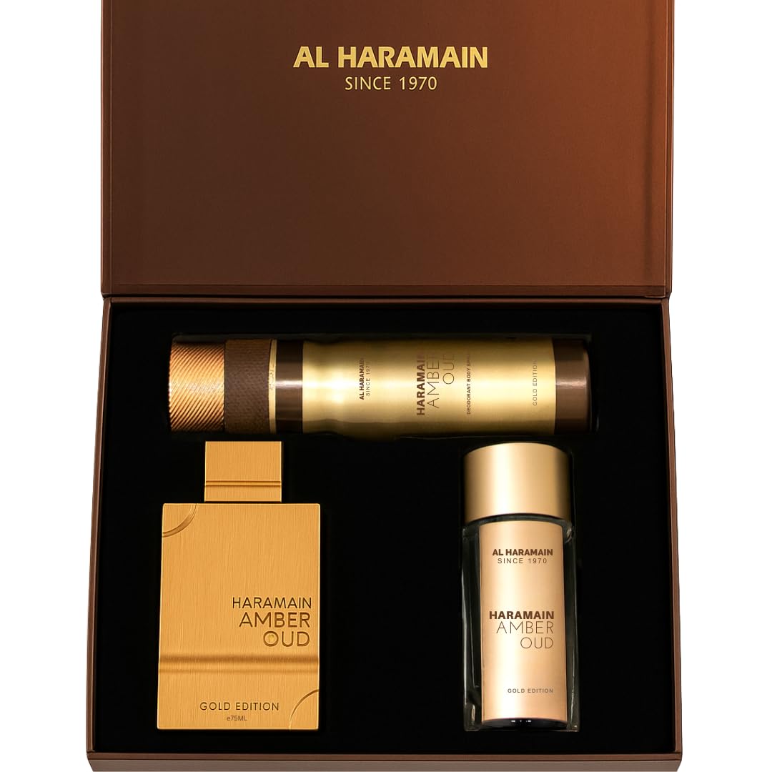 Al Haramain Amber Oud Gold Edition bottle front showing elegant design for daily wear