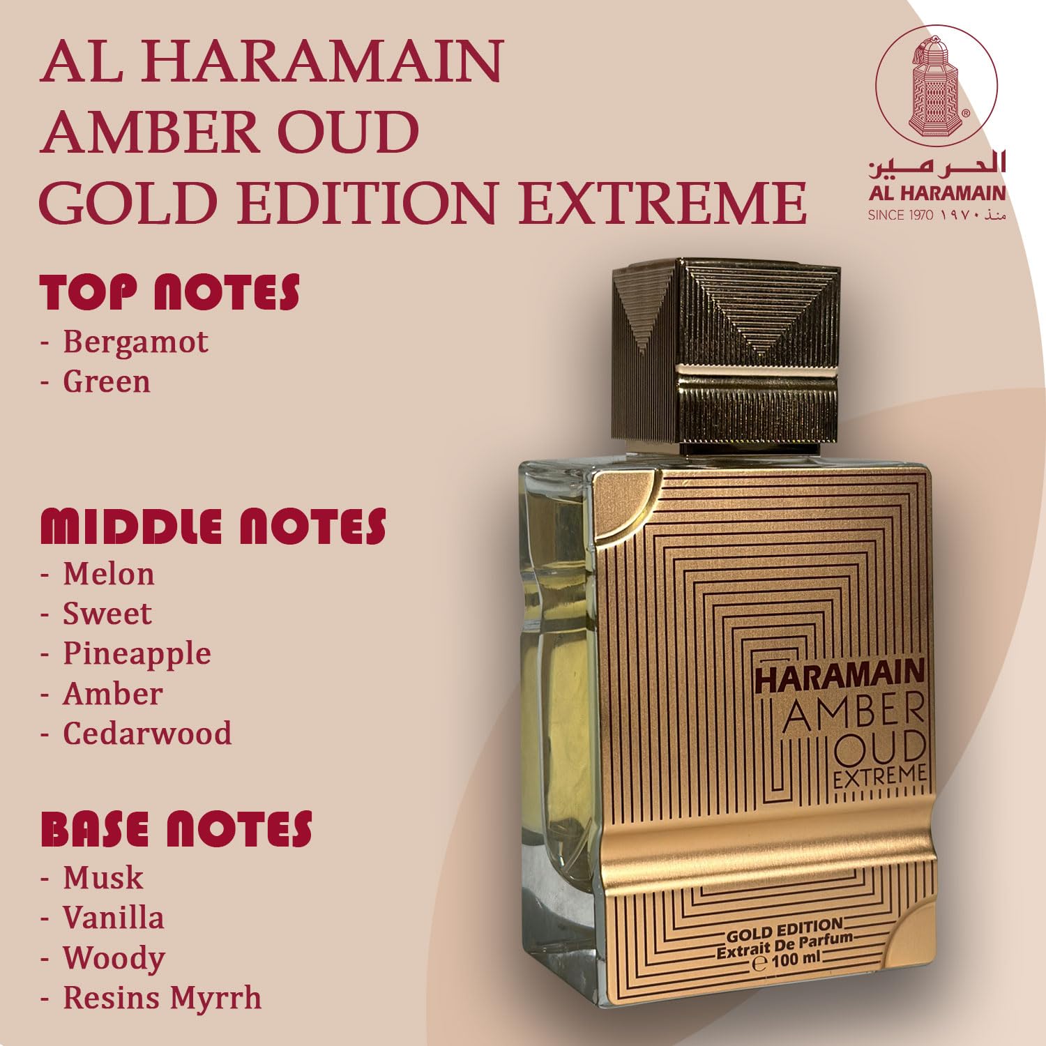 Al Haramain Amber Oud Gold Edition Extreme base notes vanilla and musk for lasting warmth.