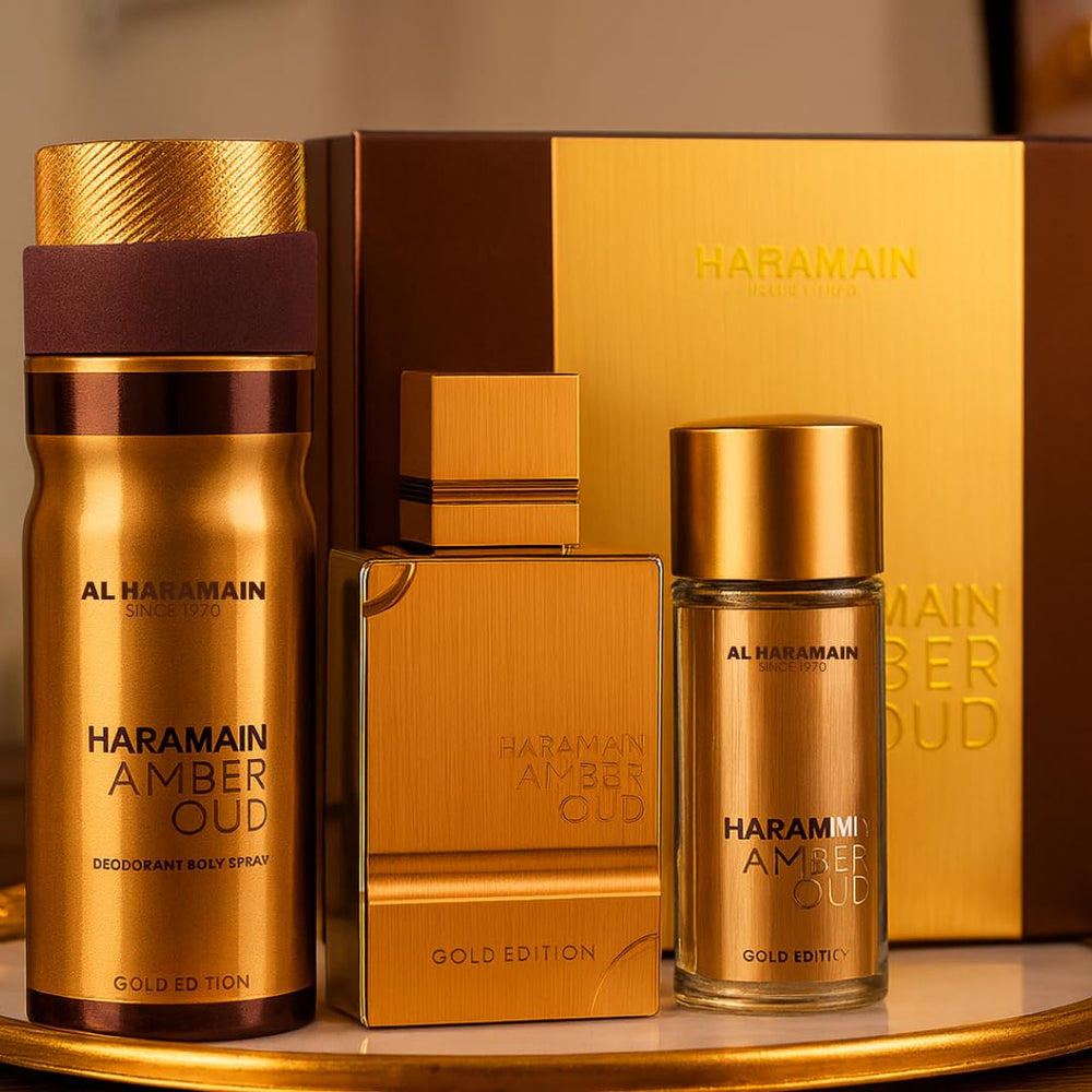 Al Haramain Amber Oud Gold Edition gift set packaging ideal for gifting