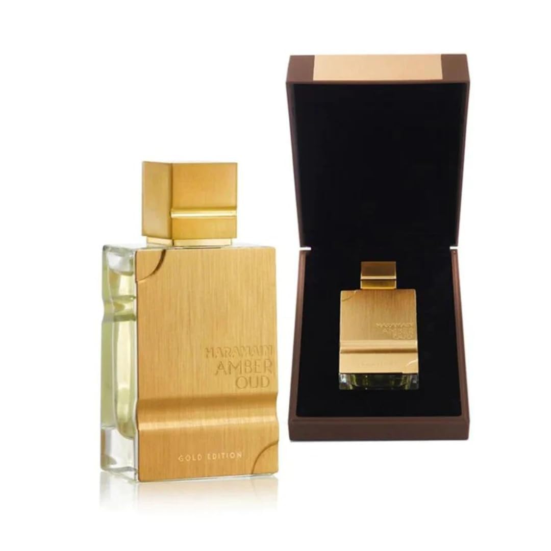 Al Haramain Amber Oud Gold Edition packaging box highlighting unisex fragrance appeal.