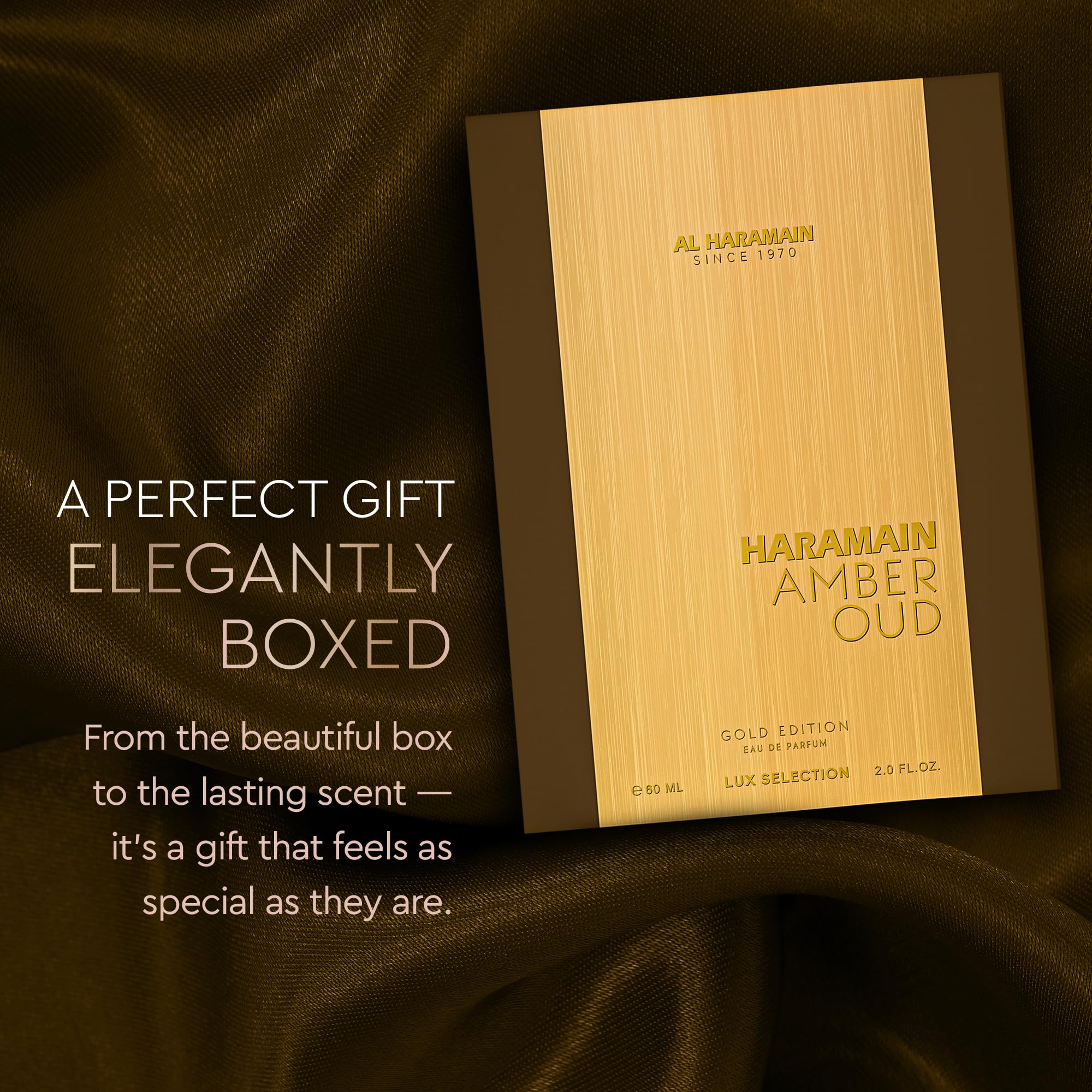 Al Haramain Amber Oud Gold Edition packaging closeup conveys luxury and warmth.