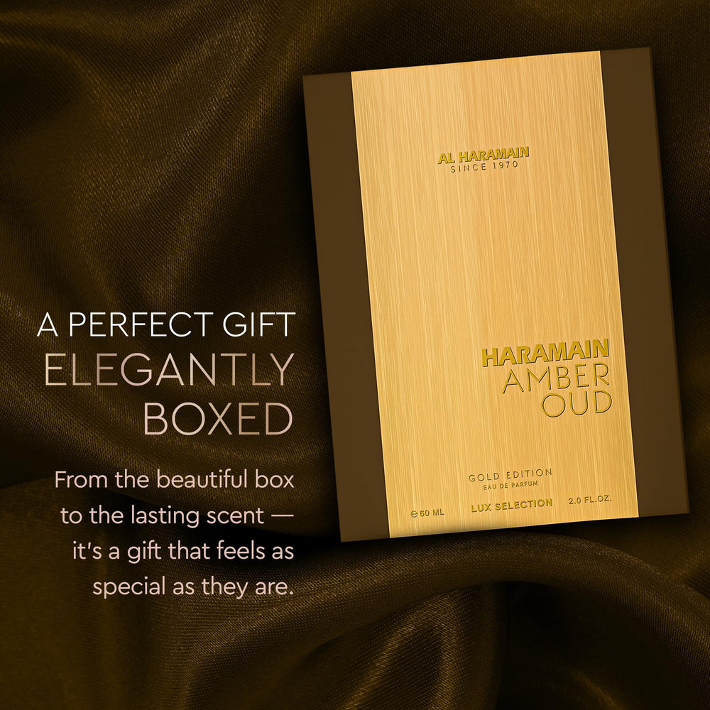 Al Haramain Amber Oud Gold Edition packaging closeup conveys luxury and warmth.