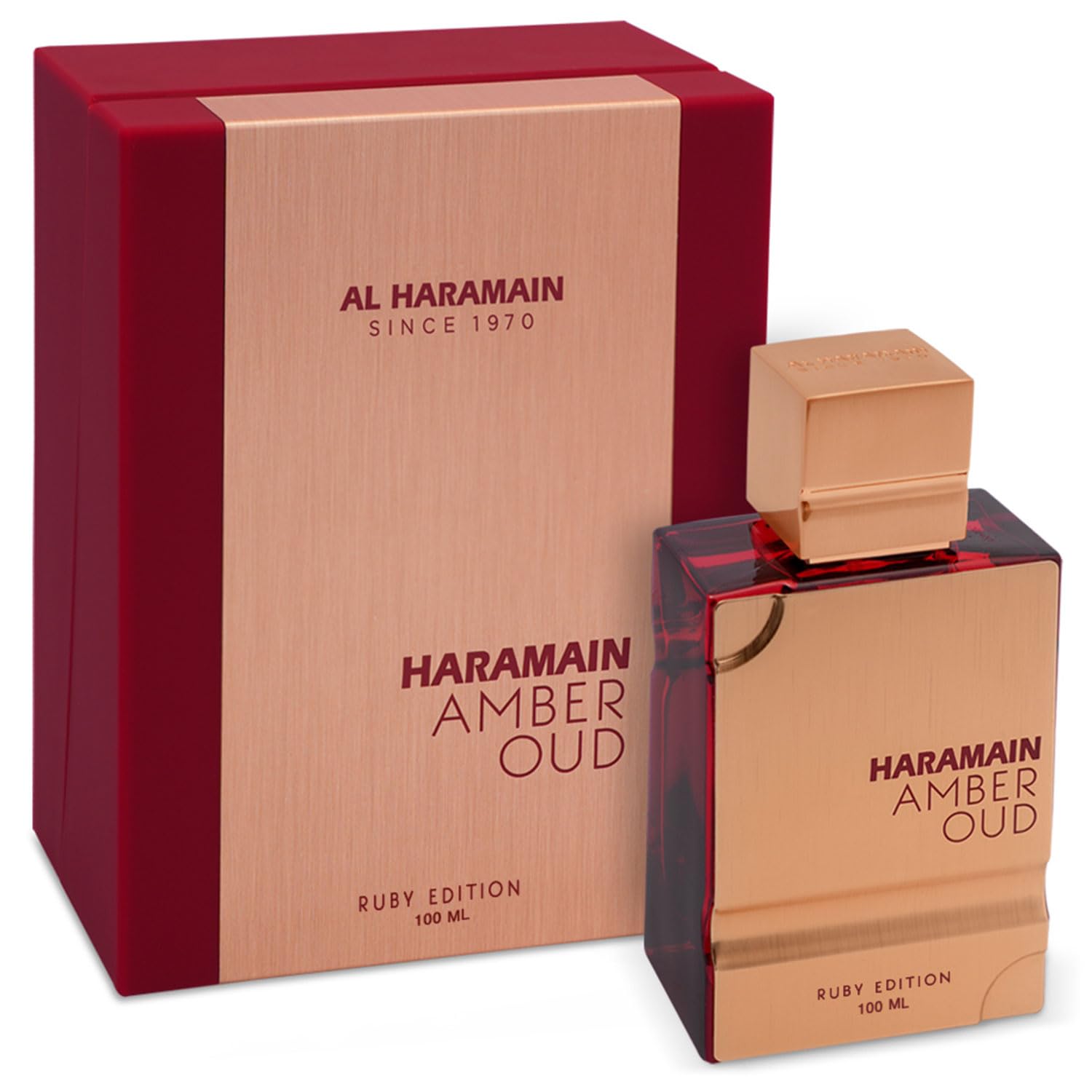 Al Haramain Amber Oud Ruby Edition bottle front view, ideal for gifting on special occasions.