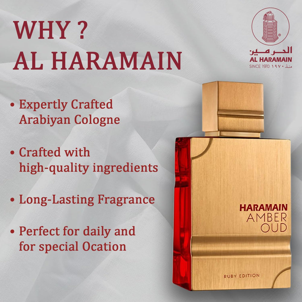 Al Haramain Amber Oud Ruby Edition bottle in hand suggests travel-friendly size.