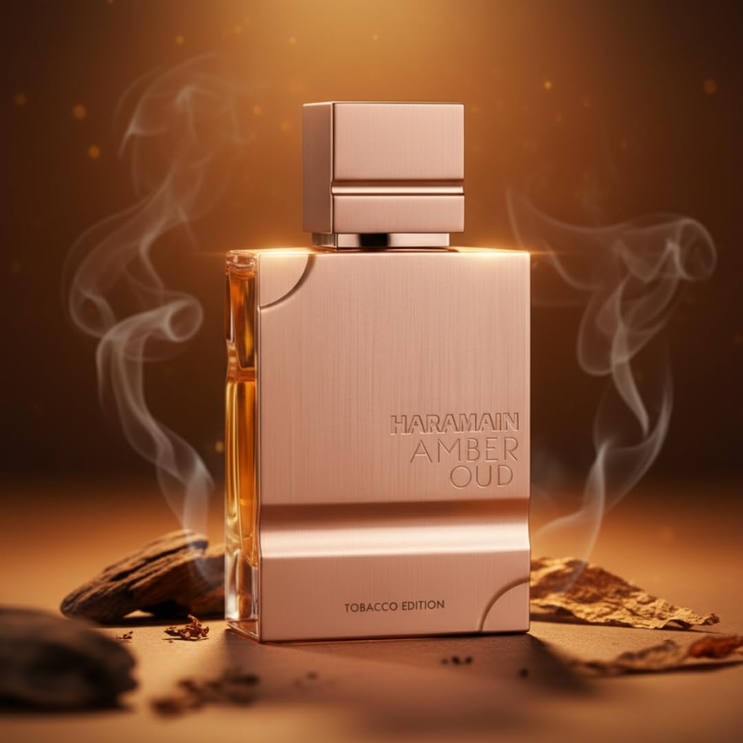 Al Haramain Amber Oud Tobacco Edition in natural light highlights rich amber tones.