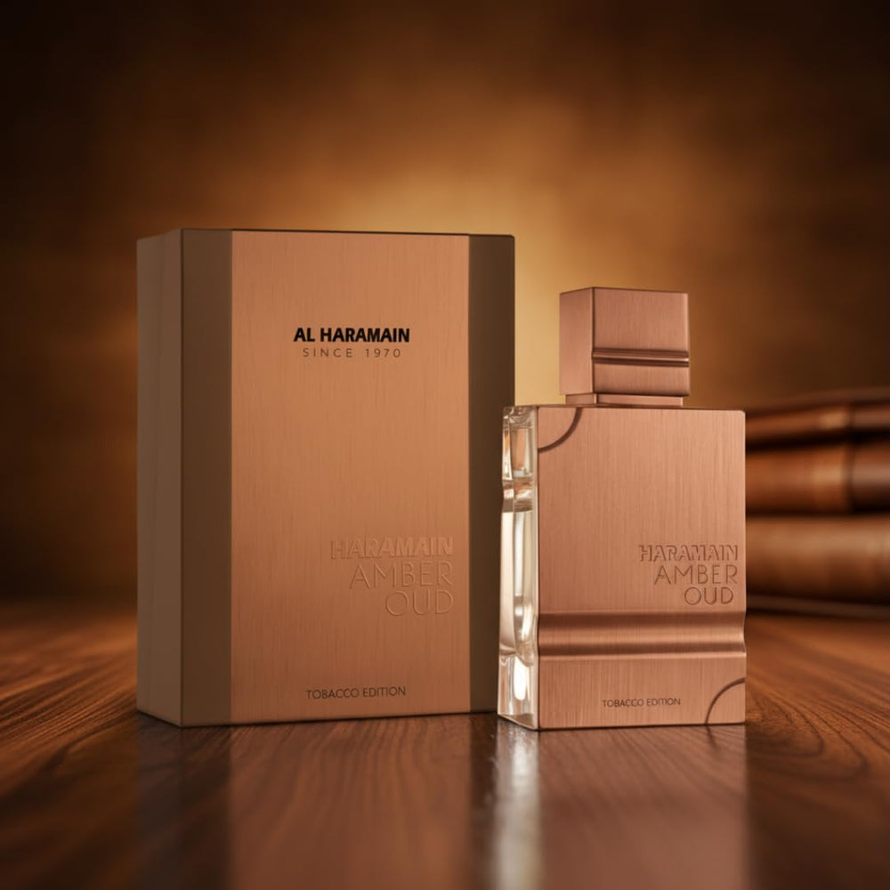Al Haramain Amber Oud Tobacco Edition bottle with gold accents signals luxury and prestige.