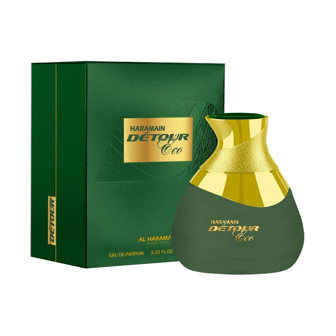 Al Haramain Detour Eco bottle close-up highlighting the unisex, long-lasting fragrance.