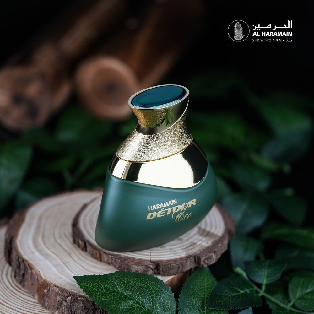 Al Haramain Detour Eco daily-wear shot hints at all-day scent presence.