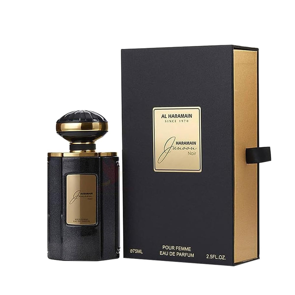Al Haramain Junoon Noir bottle front — timeless daily wear