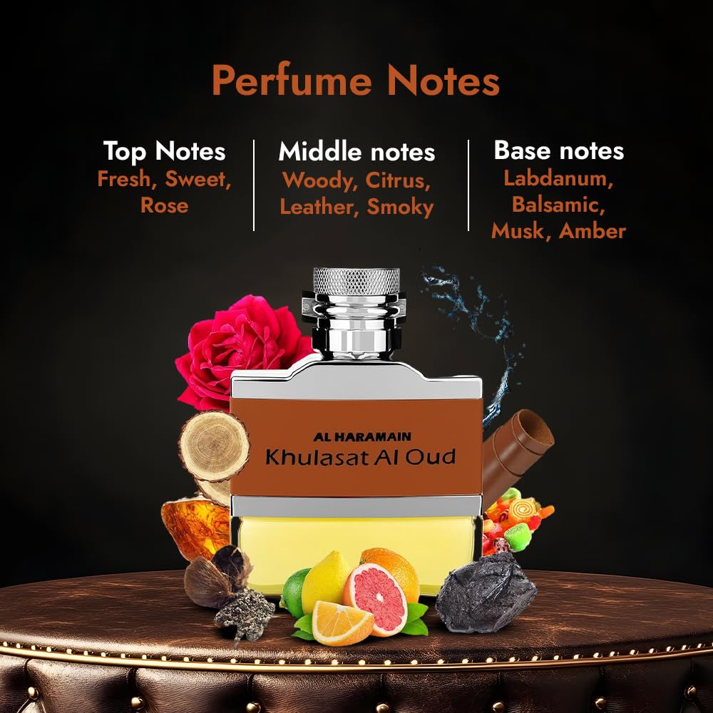 Al Haramain Khulasat Al Oud amber base suggests warm long-lasting presence
