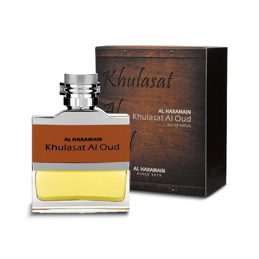 Al Haramain Khulasat Al Oud bottle front shows premium luxury for daily wear