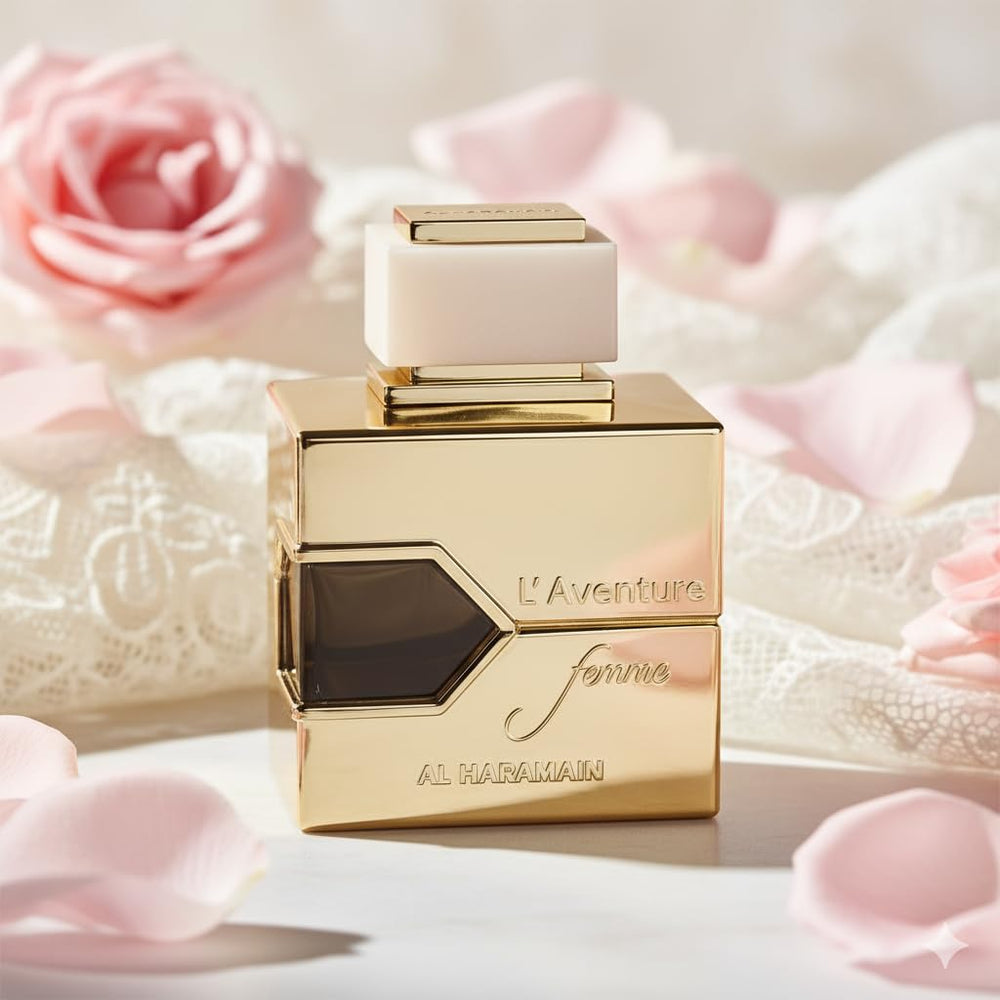 Al Haramain L'aventure Femme White bottle angled shot for modern feminine style.