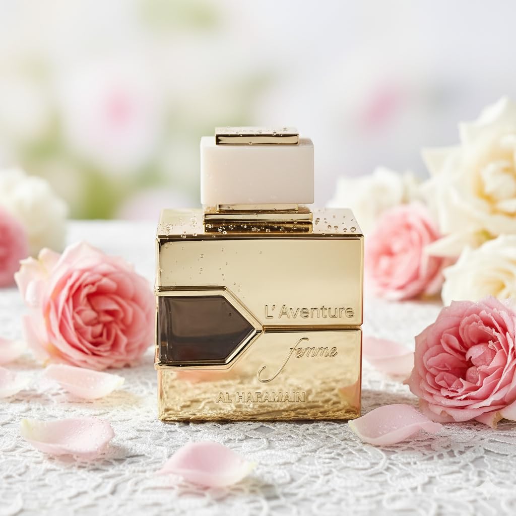 Al Haramain L'aventure Femme White bottle top close-up highlighting refined luxury.