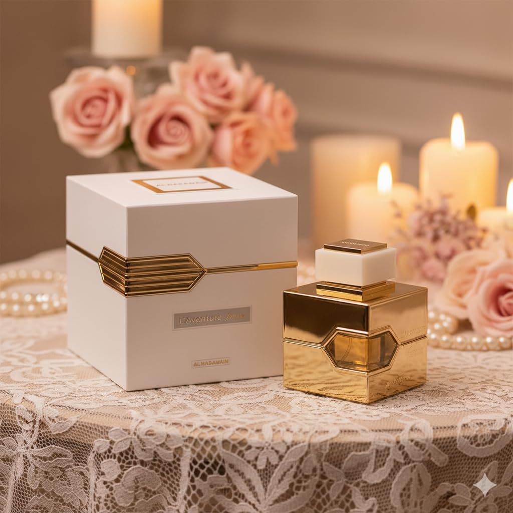 Al Haramain L'aventure Femme White box opened reveals easy fragrance access.