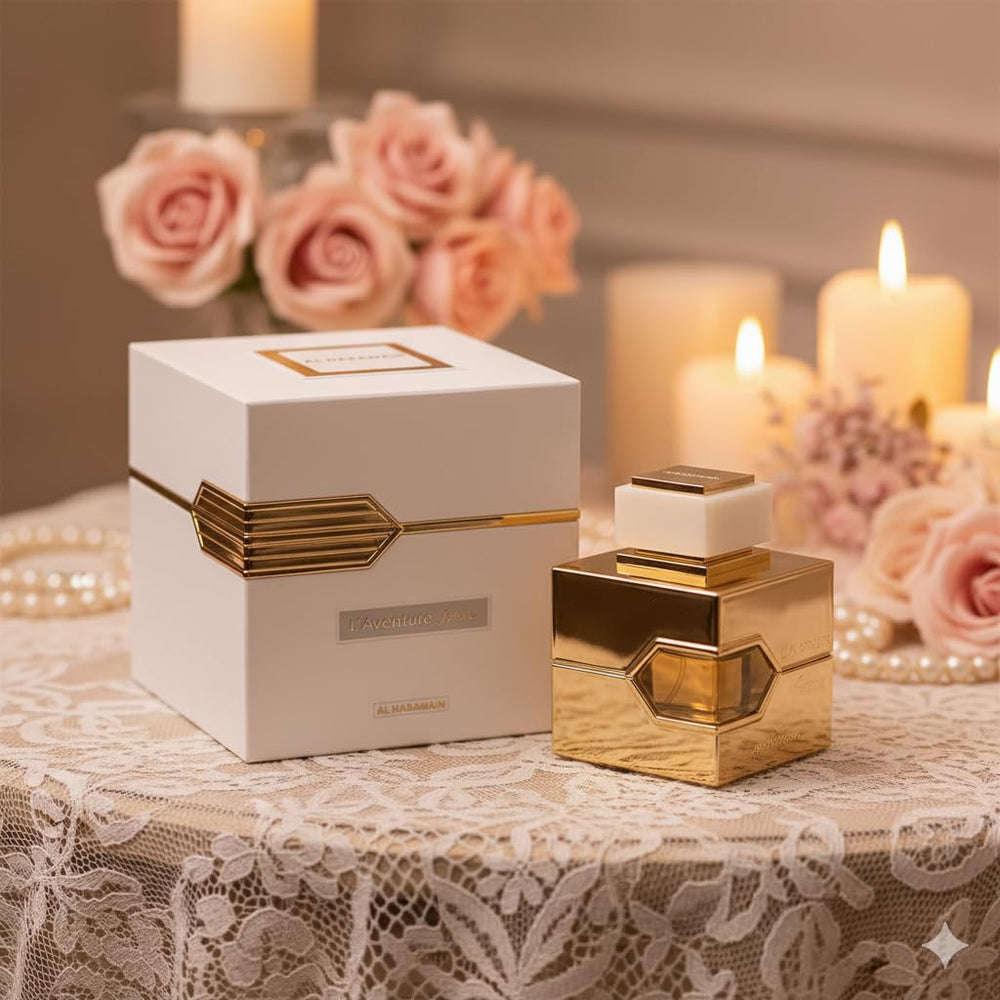 Al Haramain L'aventure Femme White box opened reveals easy fragrance access.