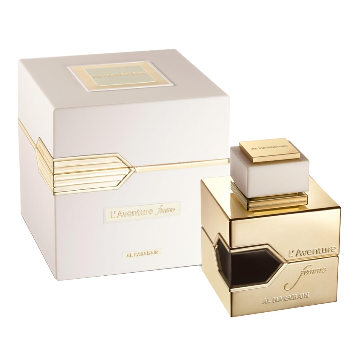 Al Haramain L'aventure Femme White side view box for premium unboxing experience.