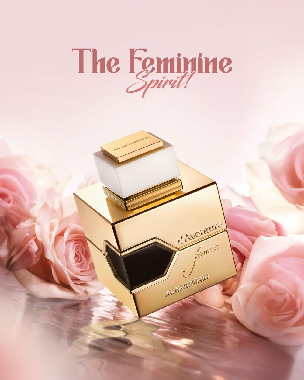 Al Haramain L'aventure Femme White label close-up emphasizes premium branding and scent clarity.