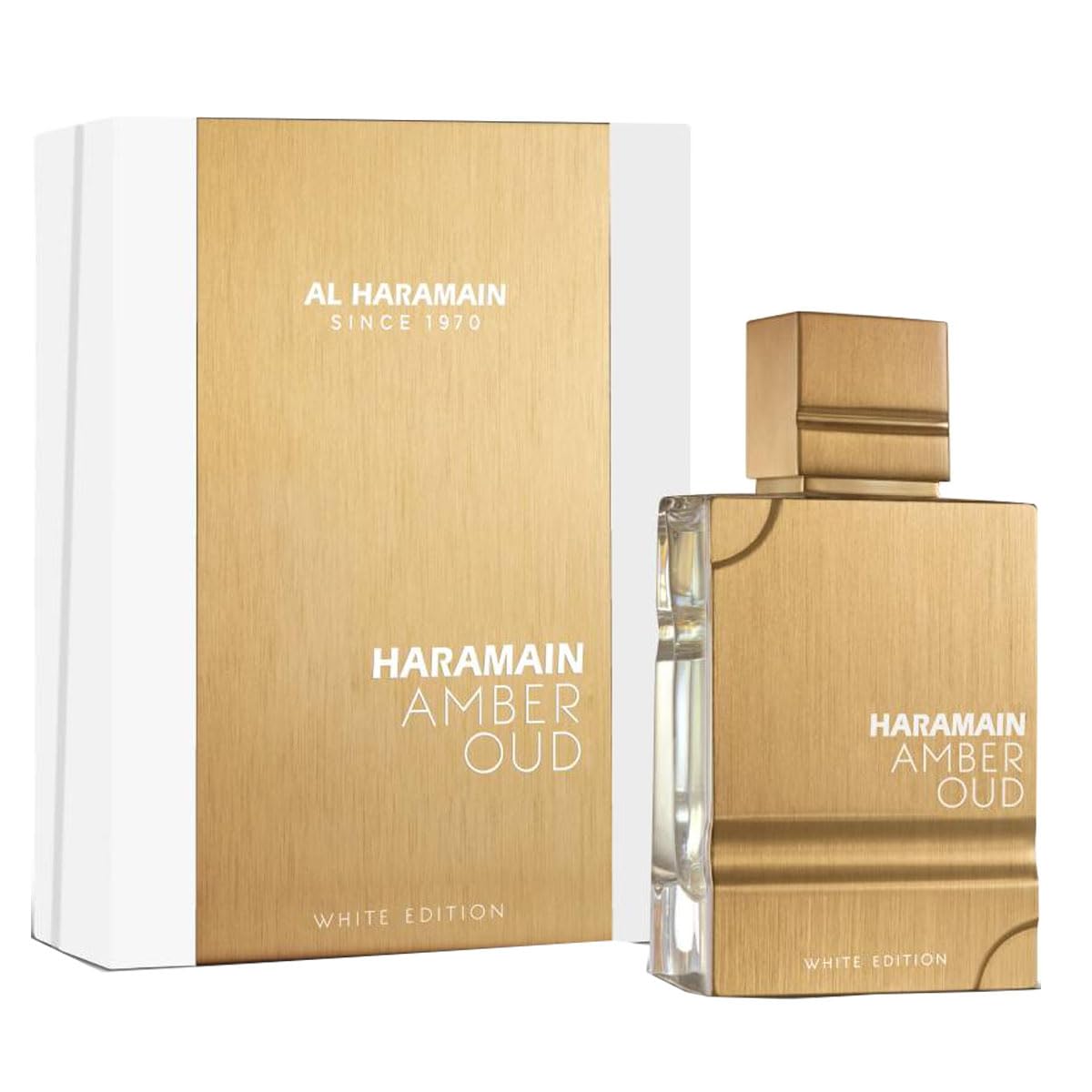 Al Haramain Amber Oud White Edition bottle-front shows premium unisex fragrance for daily wear