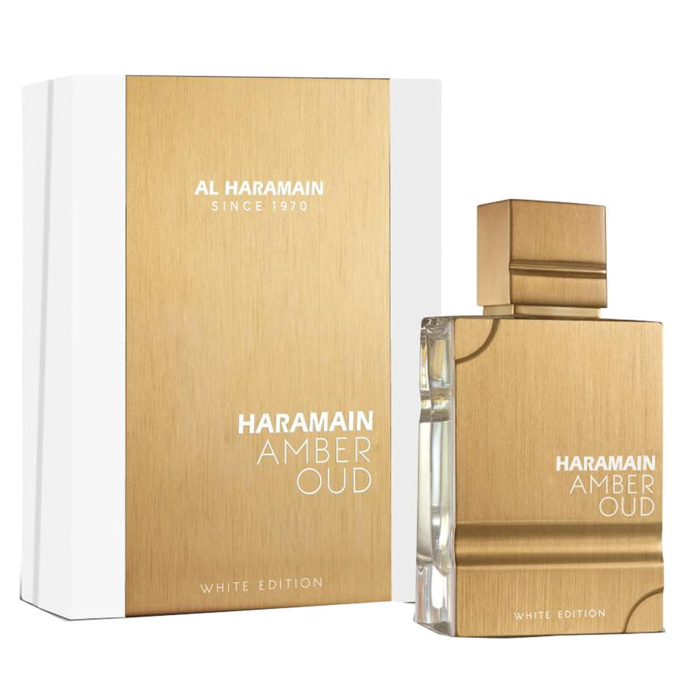Al Haramain Amber Oud White Edition bottle-front shows premium unisex fragrance for daily wear