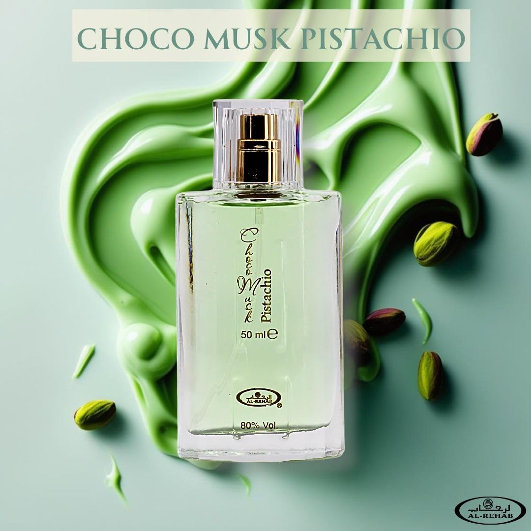 Al-Rehab Choco Musk Pistachio EDP base notes blend vanilla and amber for warmth and longevity.