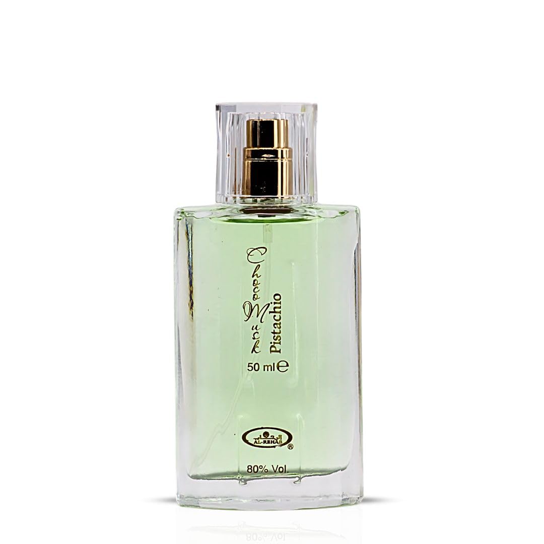 Al-Rehab Choco Musk Pistachio EDP bottle shows creamy pistachio opening for a nutty, inviting aura.