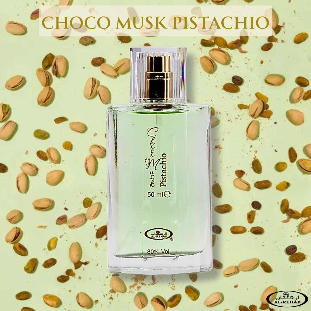 Al-Rehab Choco Musk Pistachio EDP packaging conveys minimalist luxury, ideal for gifting.
