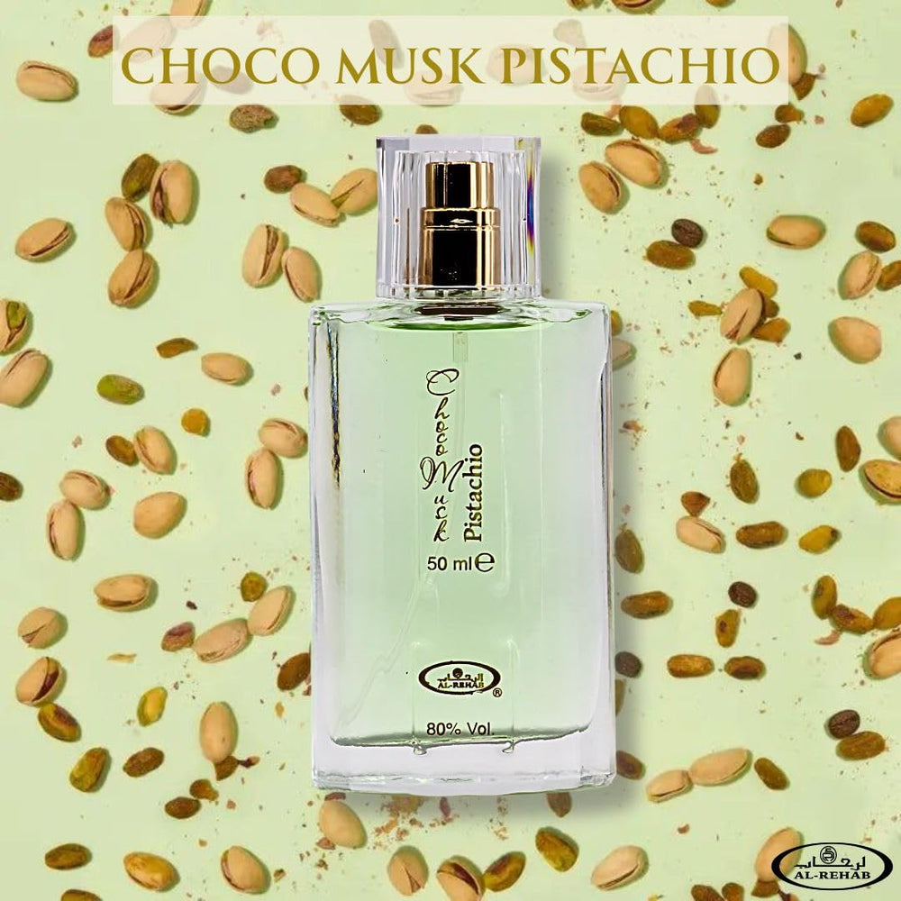Al-Rehab Choco Musk Pistachio EDP packaging conveys minimalist luxury, ideal for gifting.