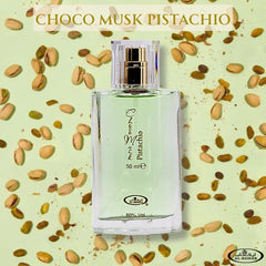 Al-Rehab Choco Musk Pistachio EDP packaging conveys minimalist luxury, ideal for gifting.