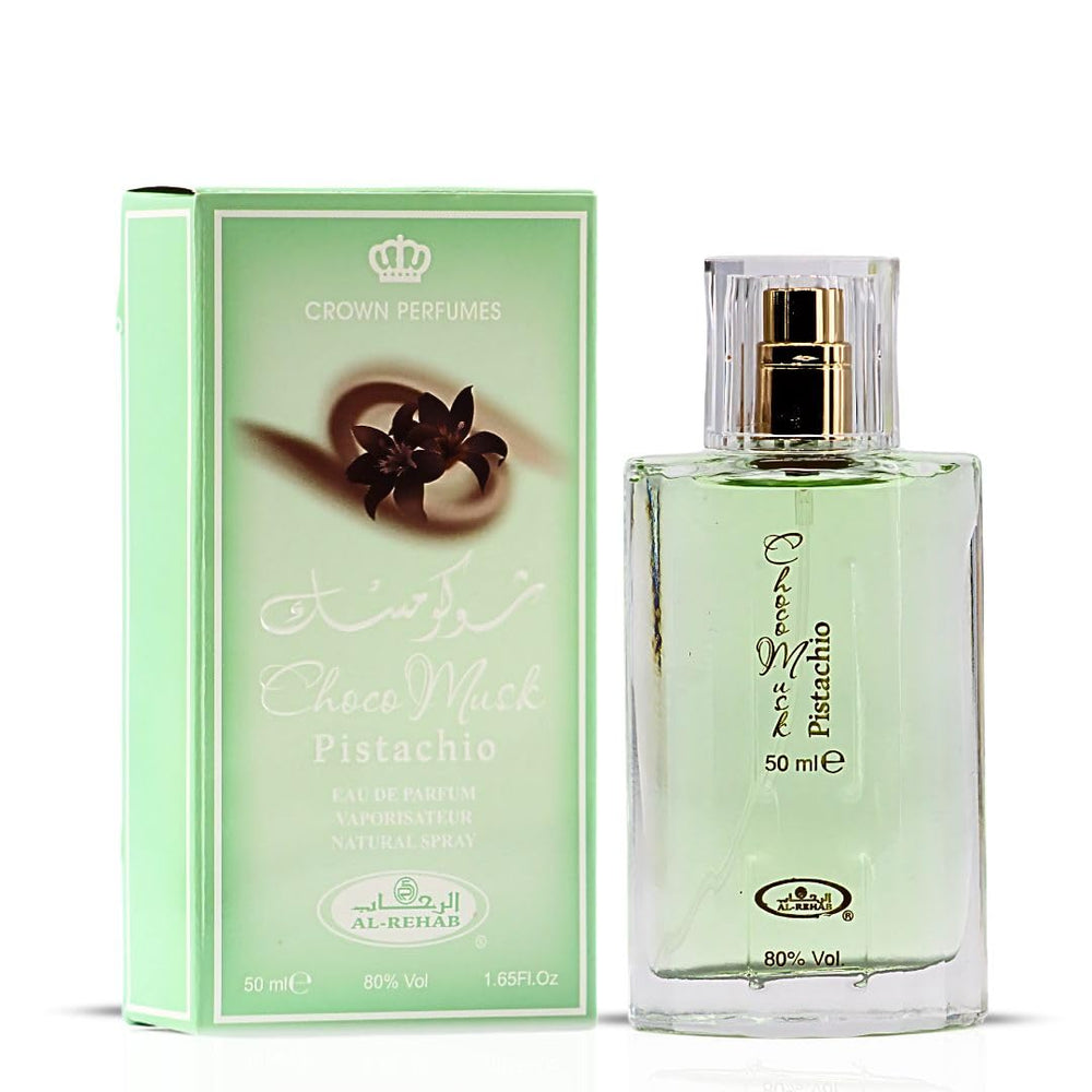 Al-Rehab Choco Musk Pistachio EDP top notes highlight pistachio and musk for a fresh start.