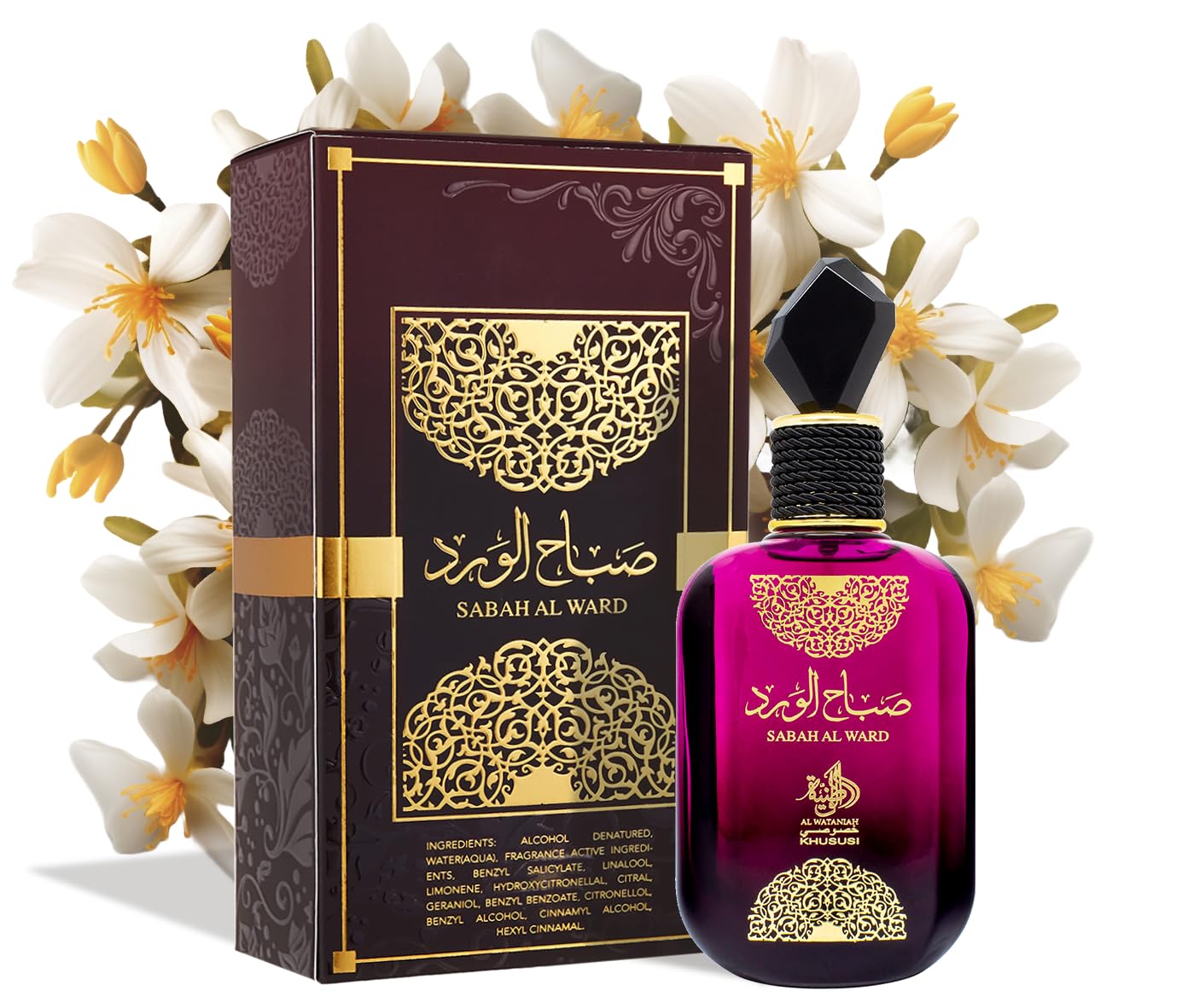 Al Wataniah Sabah Al Ward glass bottle in light showcases fragrance clarity