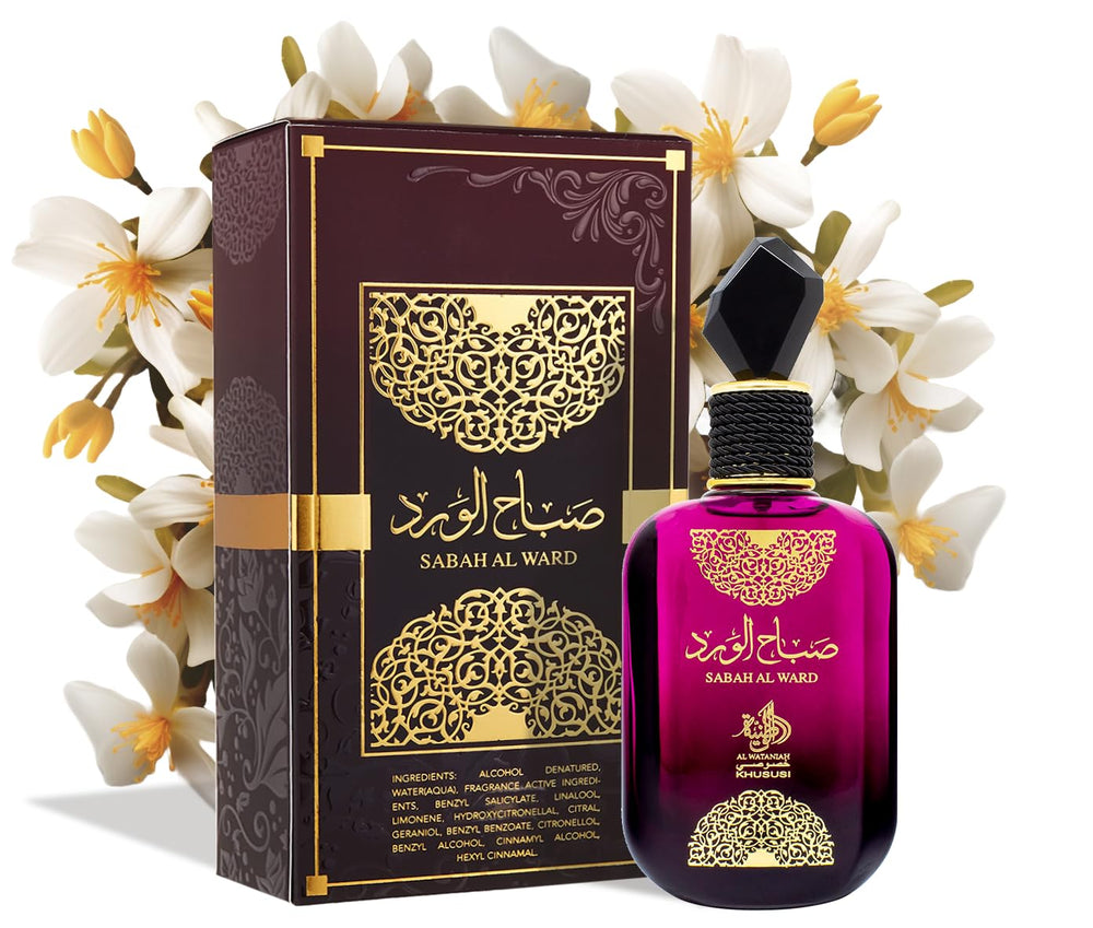 Al Wataniah Sabah Al Ward glass bottle in light showcases fragrance clarity