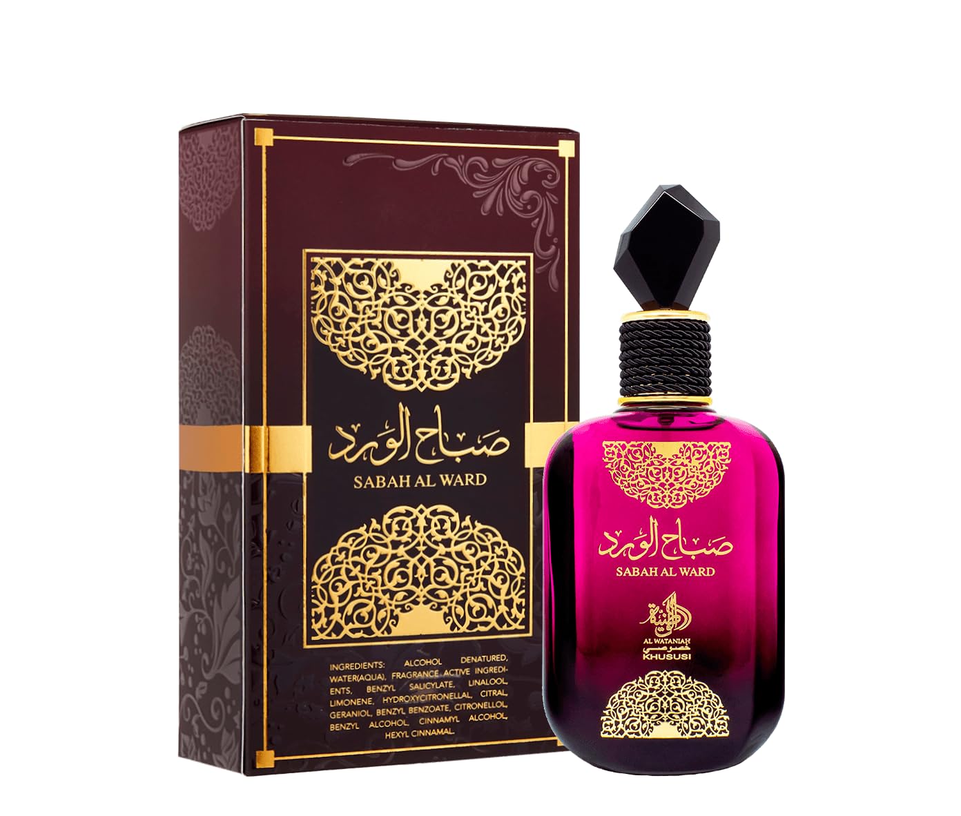 Al Wataniah Sabah Al Ward label design emphasizes premium branding and scent storytelling