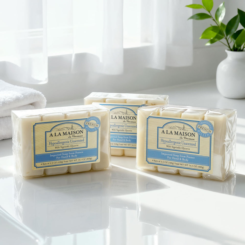 A La Maison hypoallergenic bar soap hand-lather scene shows silky, gentle cleansing