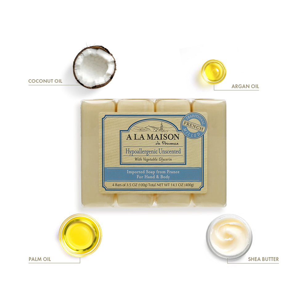 A La Maison triple milled bar soap closeup emphasizes dense, long-lasting lather