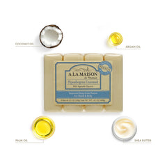 A La Maison triple milled bar soap closeup emphasizes dense, long-lasting lather