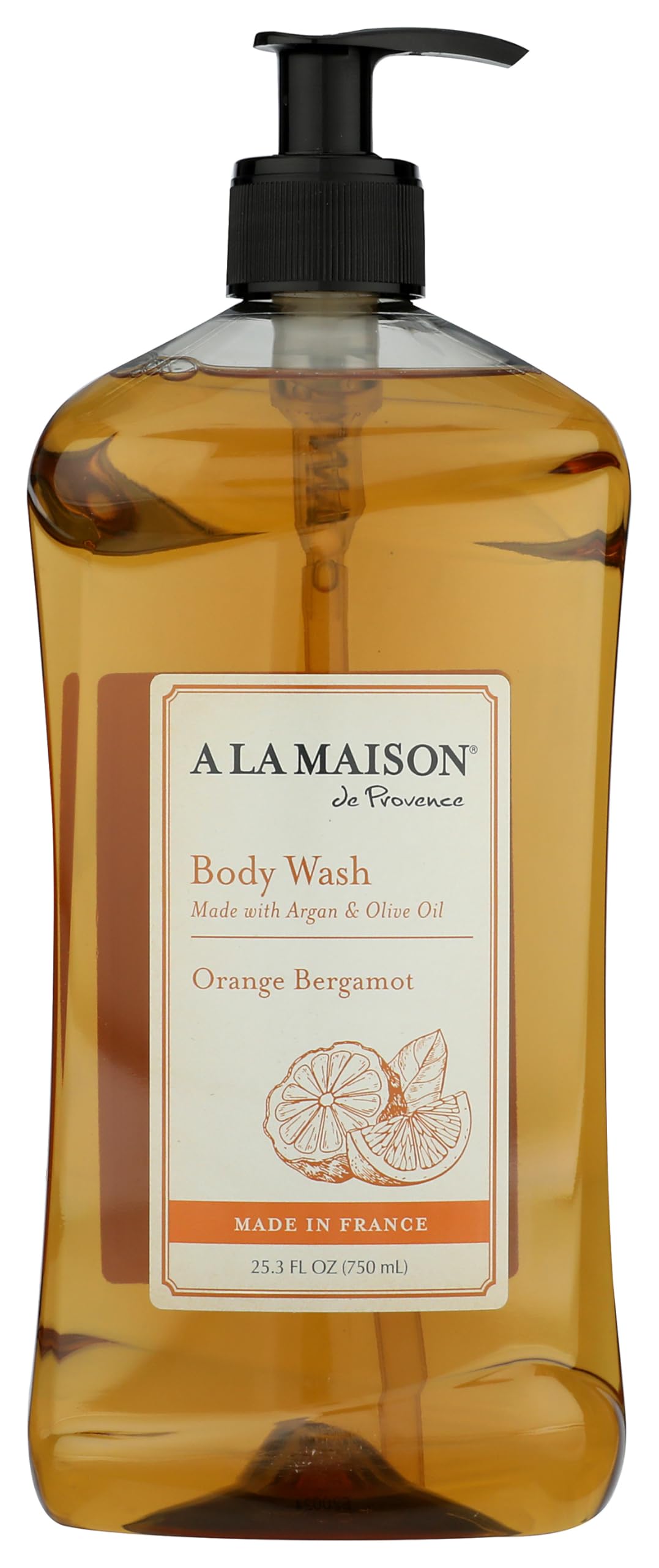 A LA MAISON Orange Bergamot Body Wash bottle-front offers a refreshing citrus cleanse.