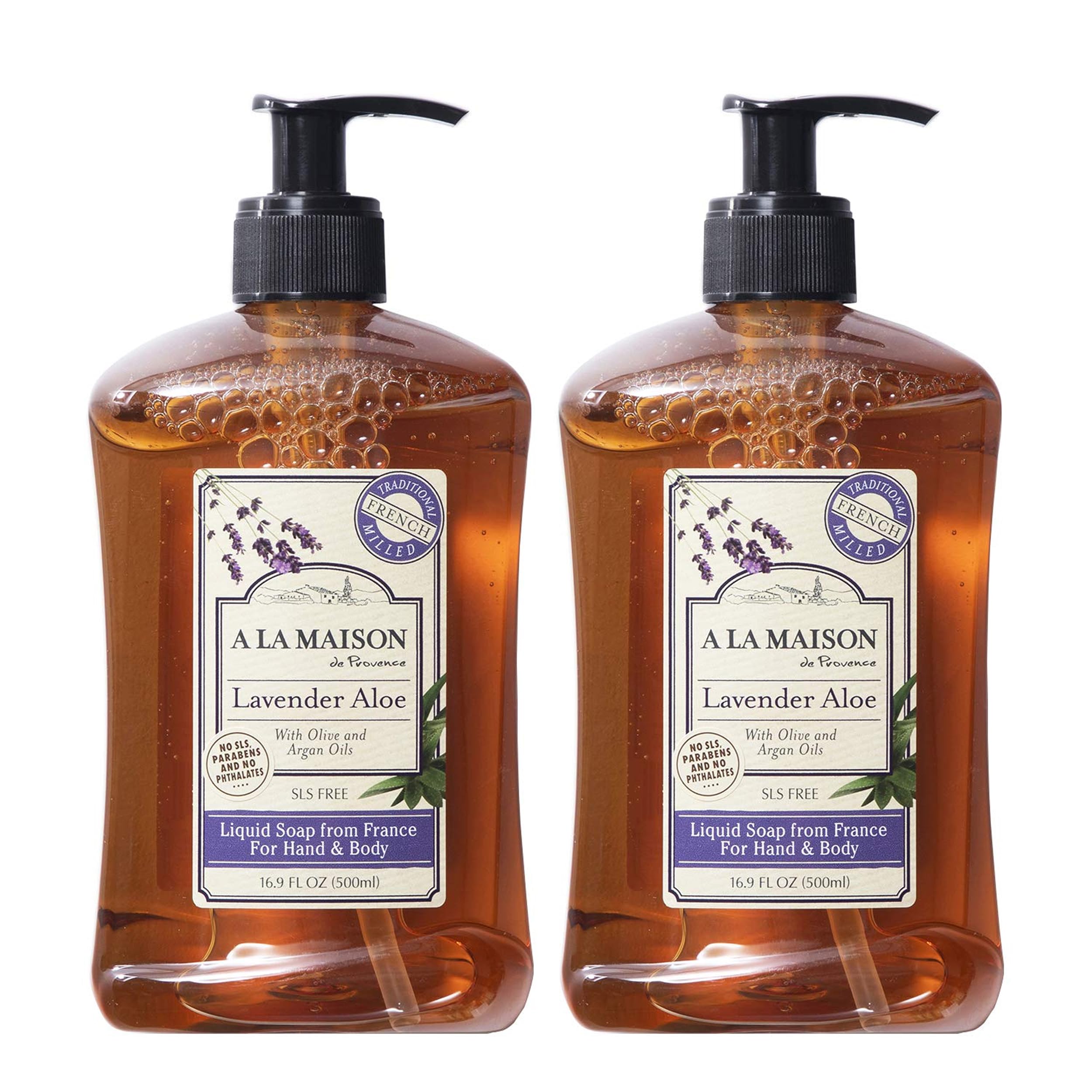 A LA MAISON Provence Lavender Aloe soap bottle front offers gentle daily cleansing