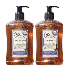 A LA MAISON Provence Lavender Aloe soap bottle front offers gentle daily cleansing