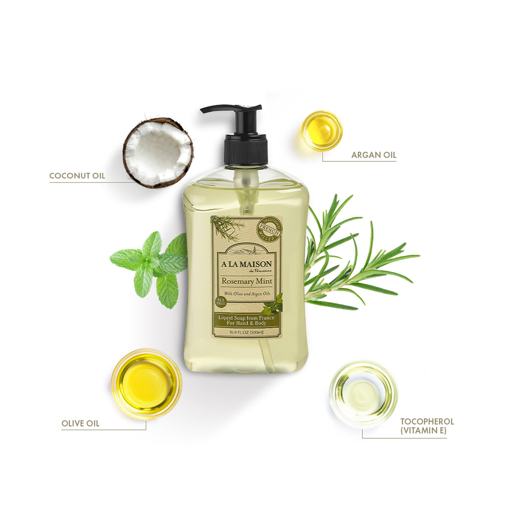 A LA MAISON Rosemary Mint pump provides quick, convenient hand washing.