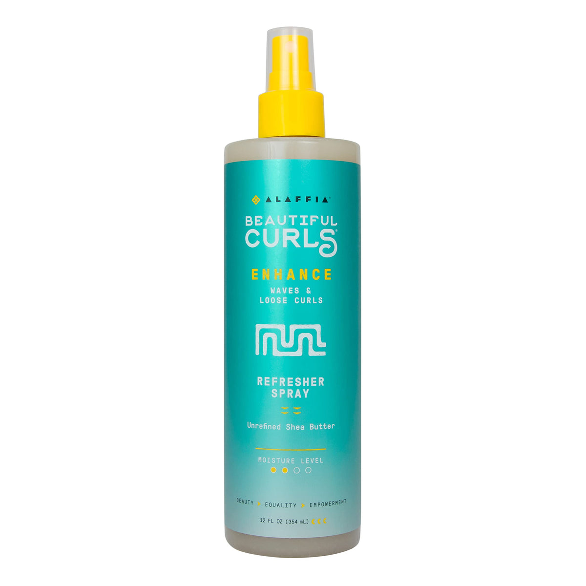 Alaffia Beautiful Curls bottle on display for curl hydration and shine.