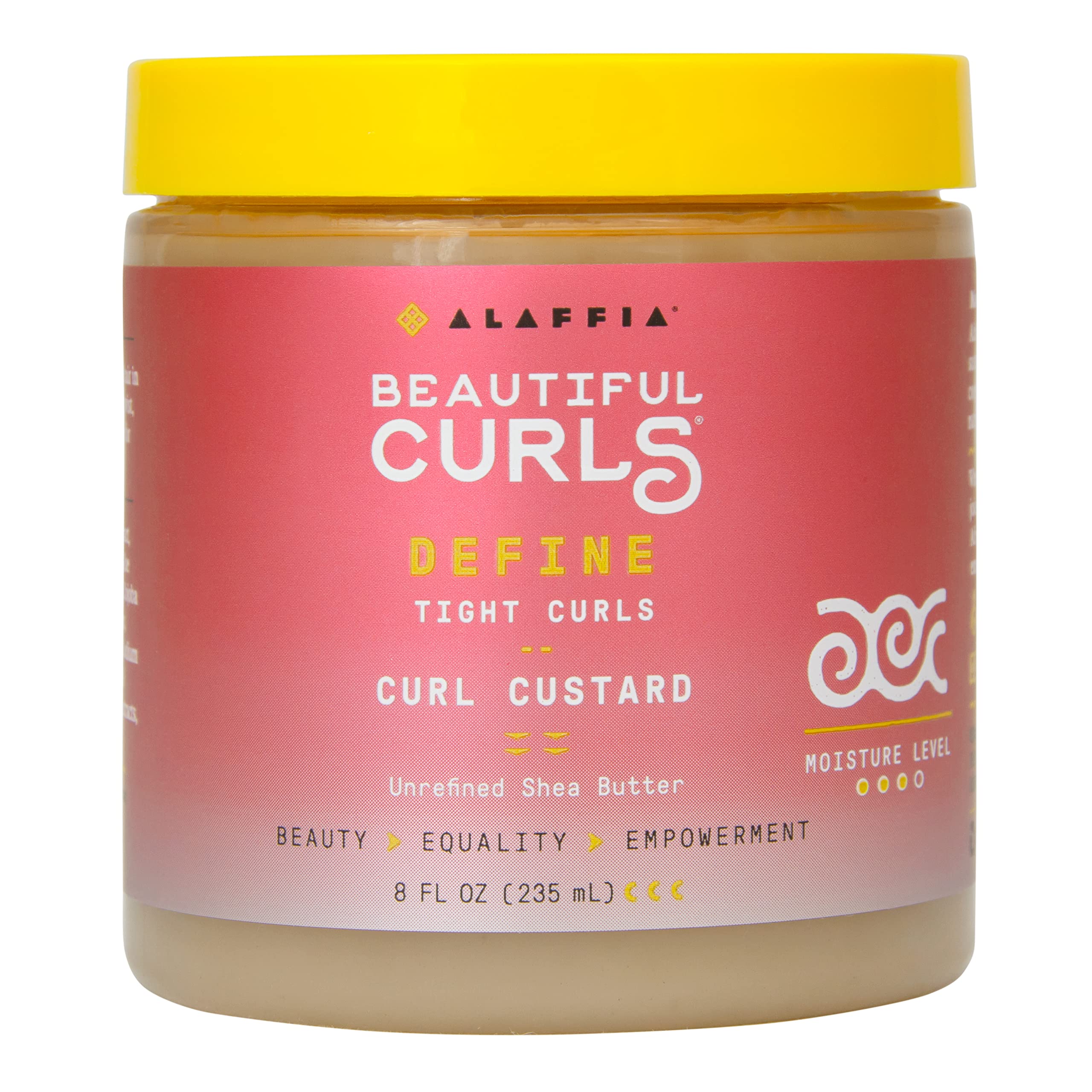 Alaffia Beautiful Curls Curl Custard bottle pour demonstrates hydrating styling for tight curls.