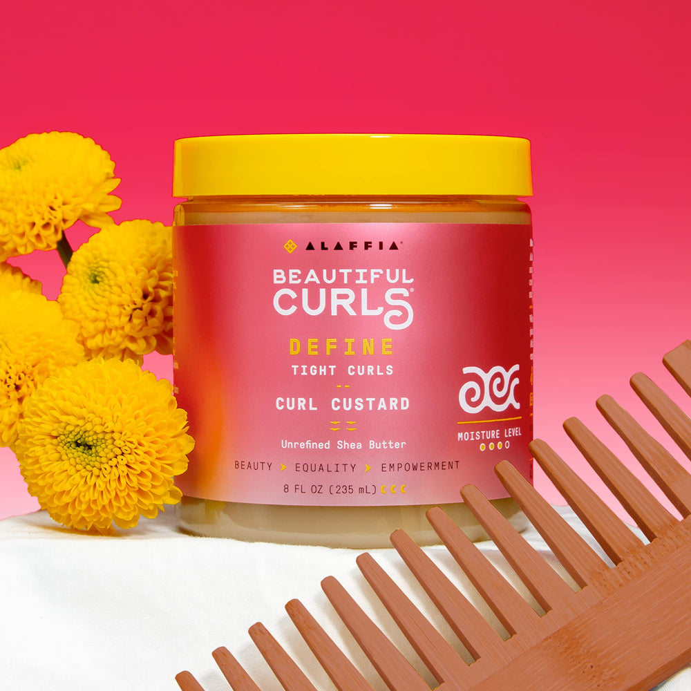 Alaffia Beautiful Curls Curl Custard defining tight curls with controlled shine.