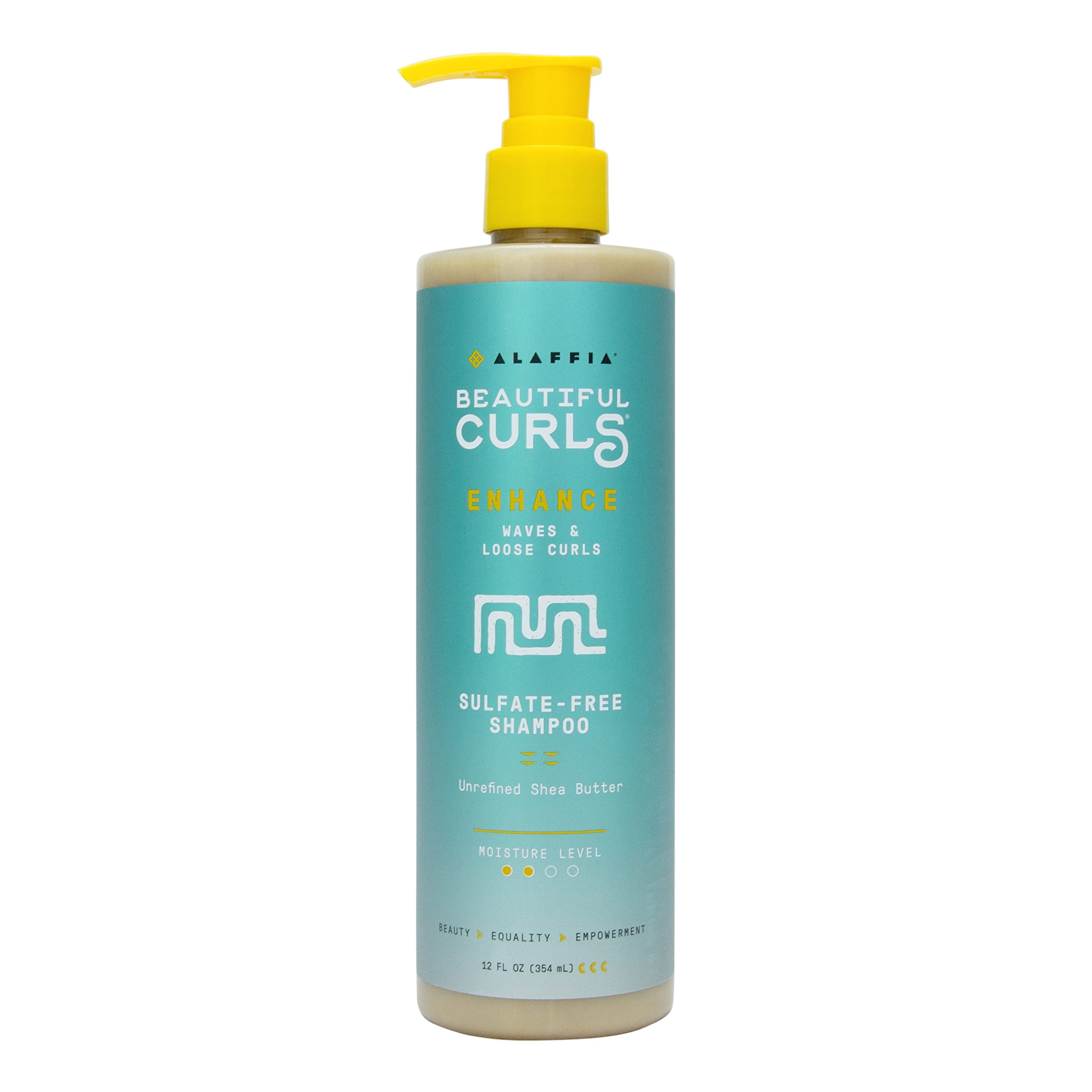 Alaffia Beautiful Curls shampoo bottle pouring rich moisture for curls.