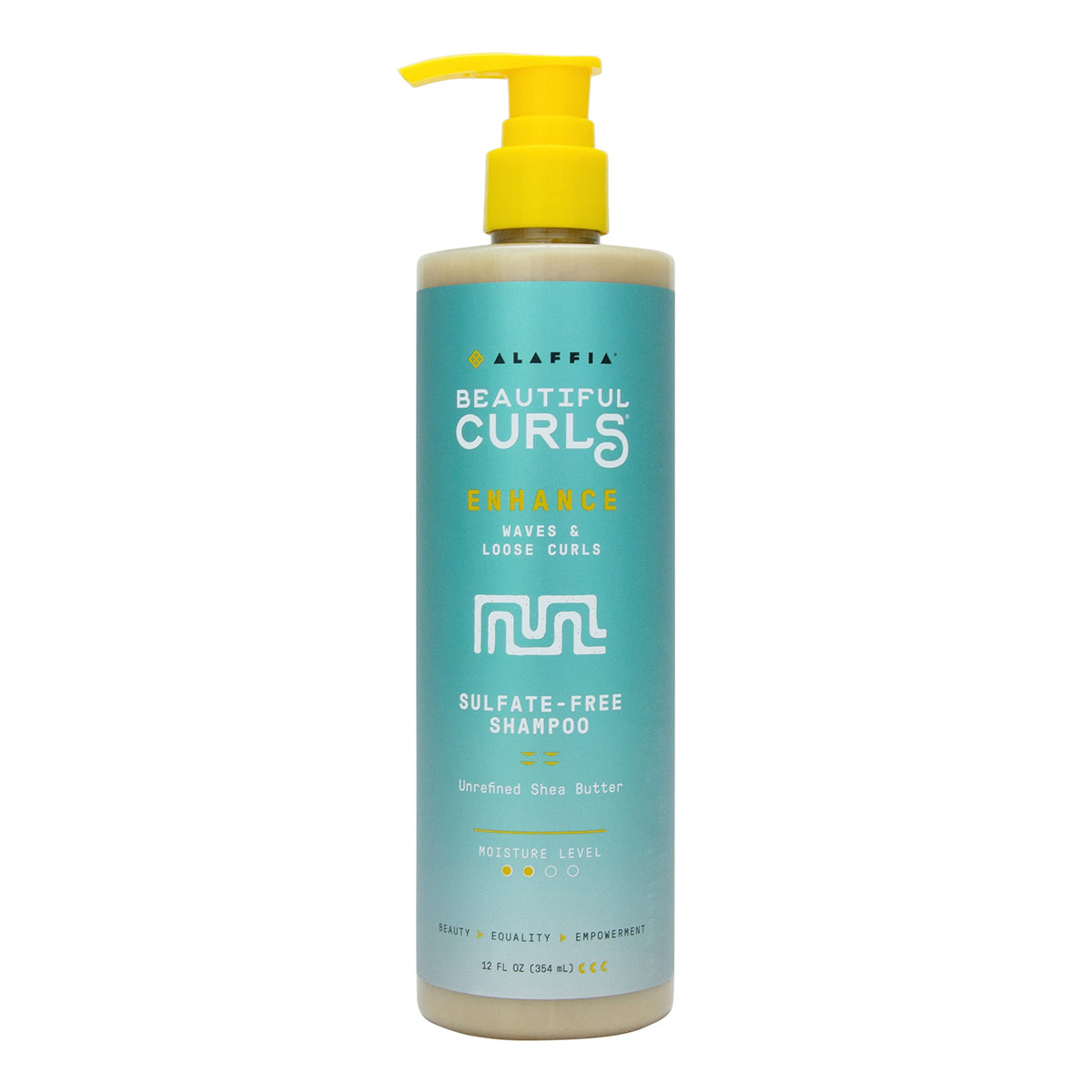 Alaffia Beautiful Curls shampoo bottle pouring rich moisture for curls.