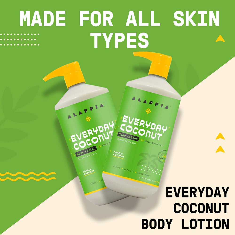 Alaffia EveryDay Coconut Body Lotion texture applied on forearm for moisturizing dry skin.