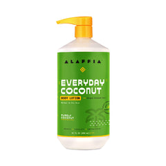Alaffia EveryDay Coconut Body Lotion bottle on bathroom shelf for daily hydration.