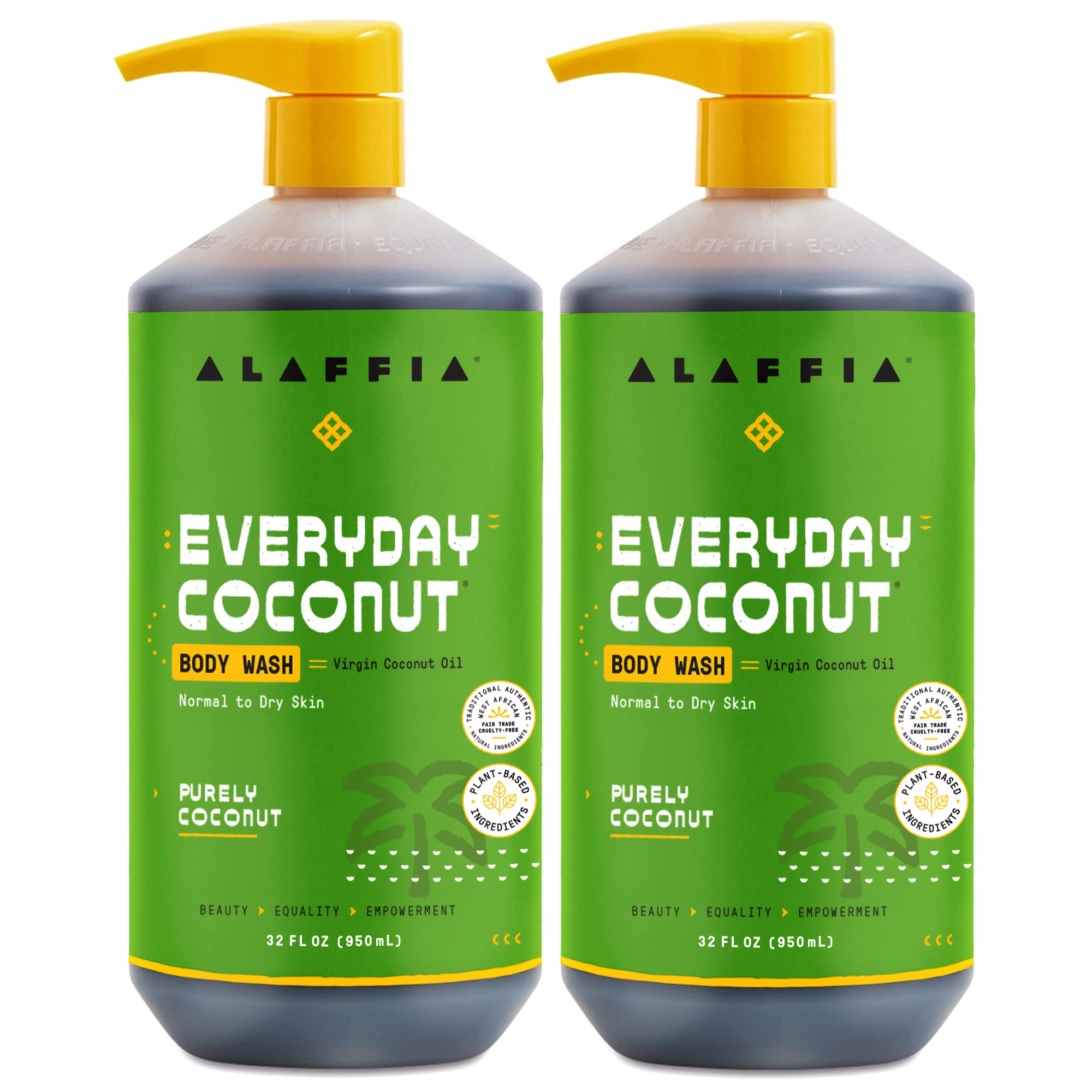 Alaffia Everyday Coconut body wash bottle with rich foam for daily cleansing.