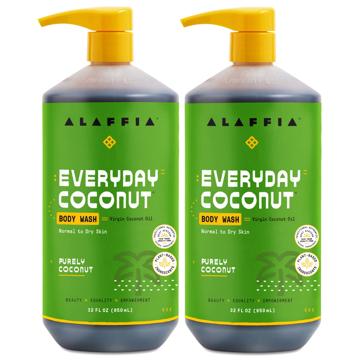 Alaffia Everyday Coconut body wash bottle with rich foam for daily cleansing.